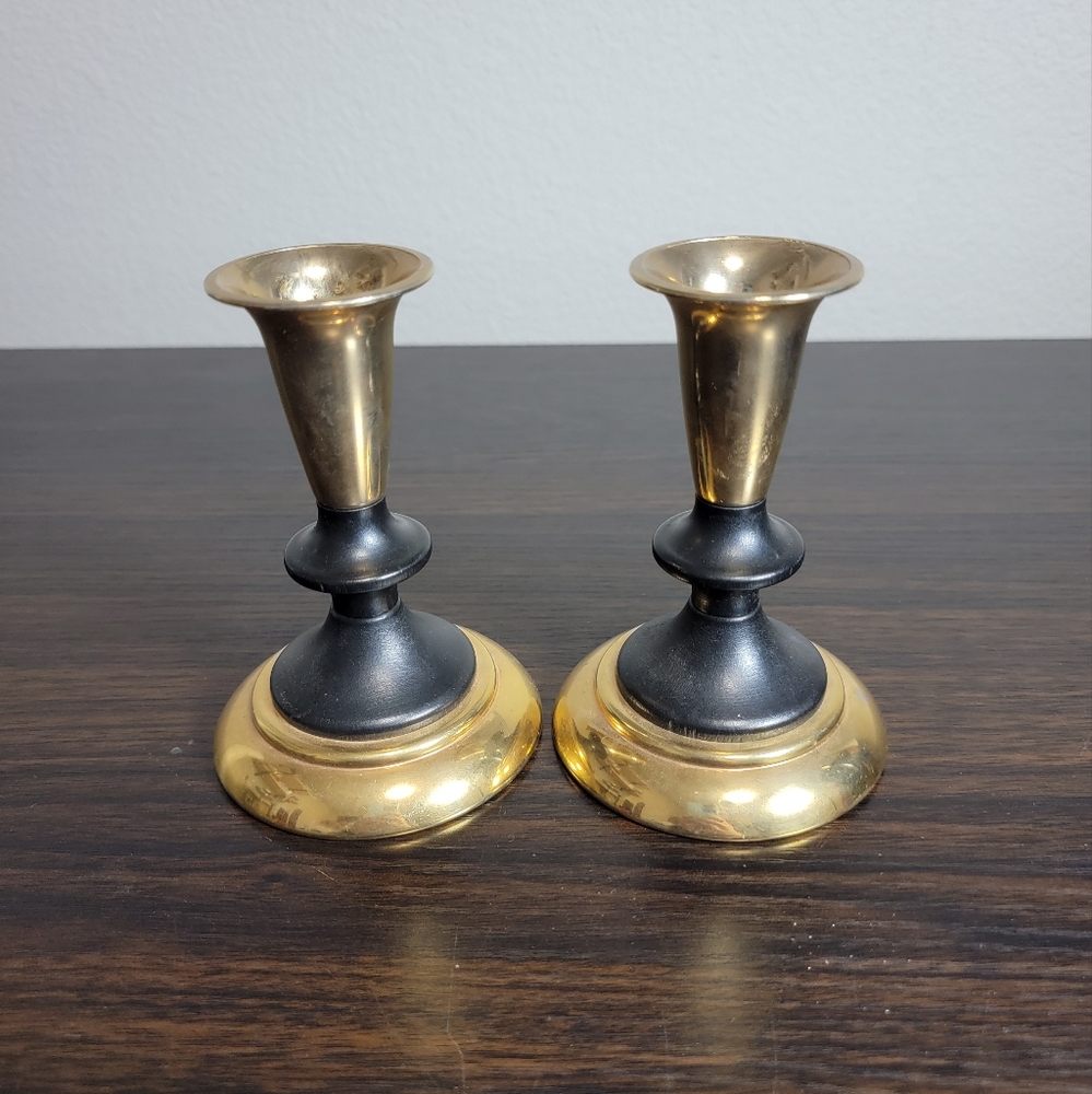 Vintage kromex USA mcm wood and gold candle stick holders